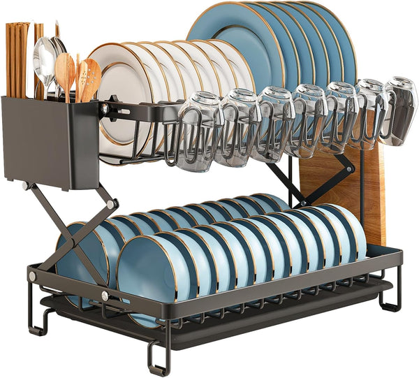 Carla Home 2 Tier Dish Drying Rack With Drainage Tray Utensil Holder Cup Hooks & Cutting Board For Kitchen (Black) Other Kitchen Storage