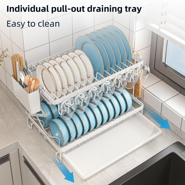 Carla Home 2 Tier Dish Drying Rack With Drainage Tray Utensil Holder Cup Hooks & Cutting Board For Kitchen (White) Other Kitchen Storage