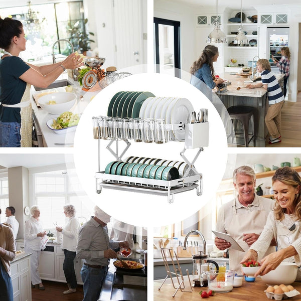 Carla Home 2 Tier Dish Drying Rack With Drainage Tray Utensil Holder Cup Hooks & Cutting Board For Kitchen (White) Other Kitchen Storage