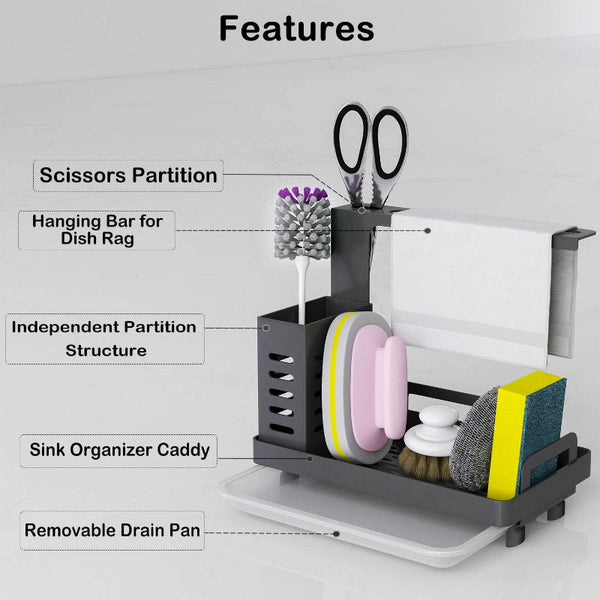 Carla Home Kitchen Sink Caddy Organizer With Sponge Soap & Brush Storage And Rag Rack Drain Tray Utensil Holder Bath Caddies & Trays