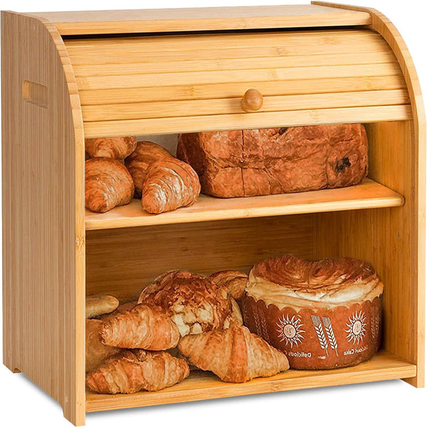 Carla Home Large Bamboo Bread Box Storage Organizer With Roll Top For Kitchen Counter Bread Bins