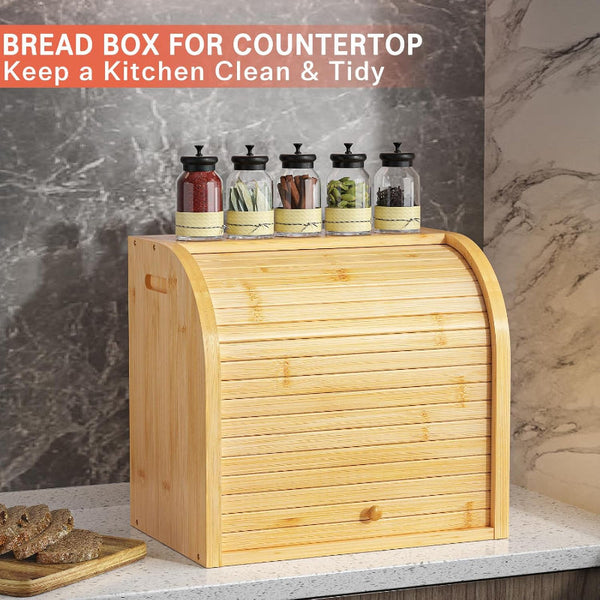 Carla Home Large Bamboo Bread Box Storage Organizer With Roll Top For Kitchen Counter Bread Bins