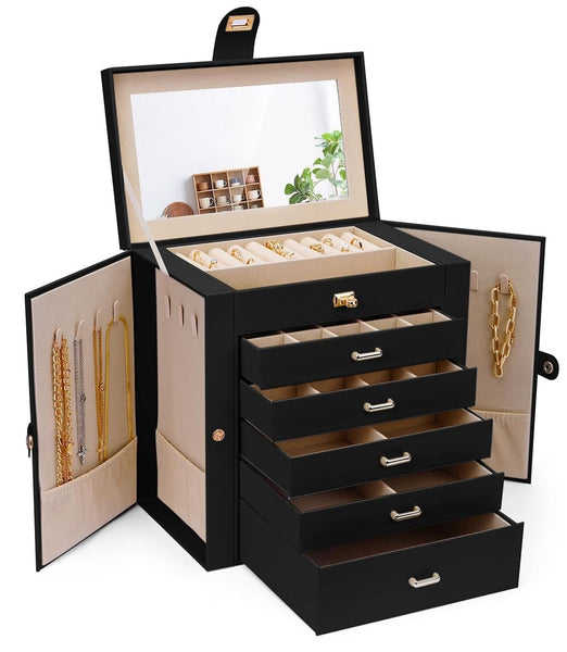 Carla Home 6 Layer Large Jewelry Box For Women Withdrawers Mirror Lock Necklace Hooks & Side Compartments Rings Earrings Bracelets Gifts (Black) Jewel