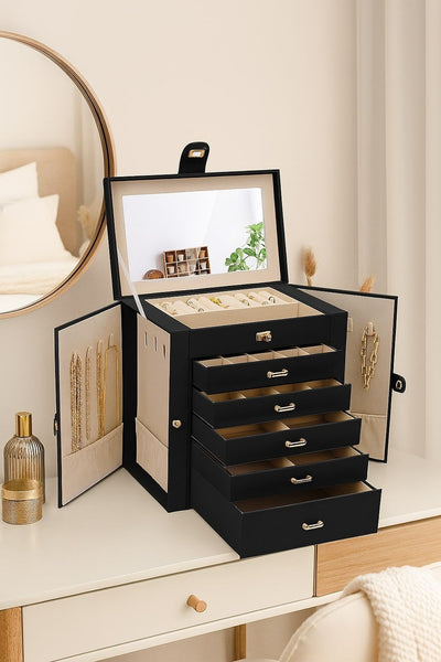 Carla Home 6 Layer Large Jewelry Box For Women Withdrawers Mirror Lock Necklace Hooks & Side Compartments Rings Earrings Bracelets Gifts (Black) Jewel