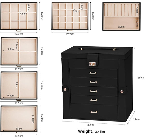 Carla Home 6 Layer Large Jewelry Box For Women Withdrawers Mirror Lock Necklace Hooks & Side Compartments Rings Earrings Bracelets Gifts (Black) Jewel