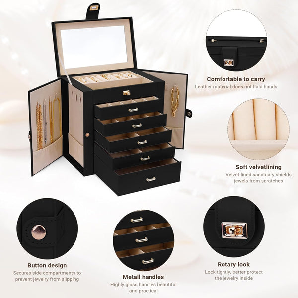 Carla Home 6 Layer Large Jewelry Box For Women Withdrawers Mirror Lock Necklace Hooks & Side Compartments Rings Earrings Bracelets Gifts (Black) Jewel
