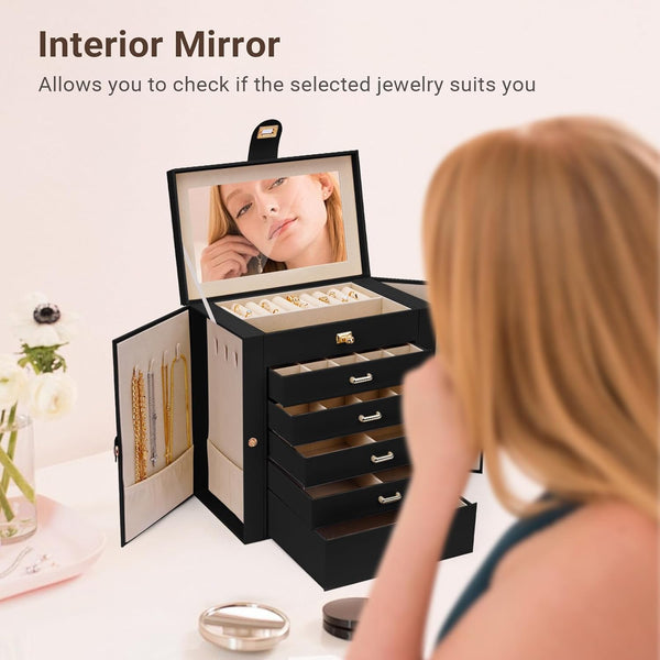 Carla Home 6 Layer Large Jewelry Box For Women Withdrawers Mirror Lock Necklace Hooks & Side Compartments Rings Earrings Bracelets Gifts (Black) Jewel