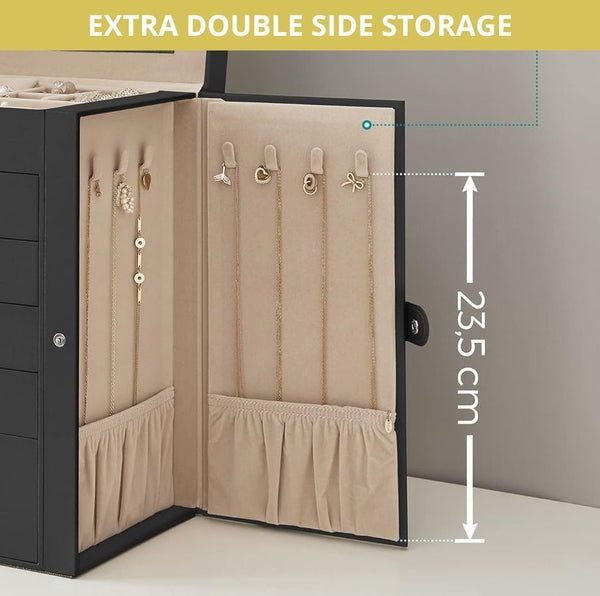 Carla Home 6 Layer Large Jewelry Box For Women Withdrawers Mirror Lock Necklace Hooks & Side Compartments Rings Earrings Bracelets Gifts (Black) Jewel