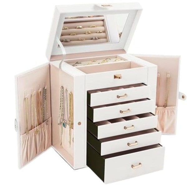 Carla Home 6 Layer Large Jewelry Box For Women Withdrawers Mirror Lock Necklace Hooks & Side Compartments Rings Earrings Bracelets Gifts (White) Jewel