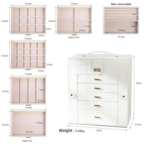Carla Home 6 Layer Large Jewelry Box For Women Withdrawers Mirror Lock Necklace Hooks & Side Compartments Rings Earrings Bracelets Gifts (White) Jewel