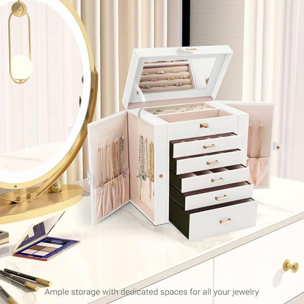 Carla Home 6 Layer Large Jewelry Box For Women Withdrawers Mirror Lock Necklace Hooks & Side Compartments Rings Earrings Bracelets Gifts (White) Jewel