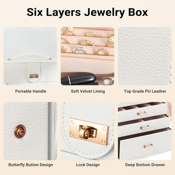 Carla Home 6 Layer Large Jewelry Box For Women Withdrawers Mirror Lock Necklace Hooks & Side Compartments Rings Earrings Bracelets Gifts (White) Jewel