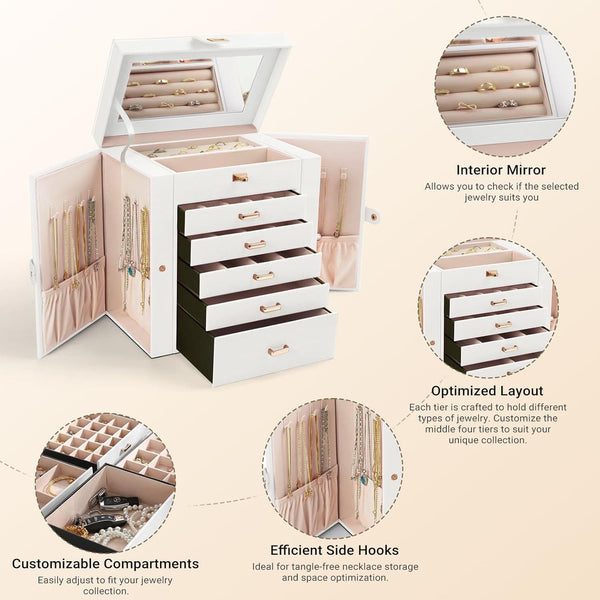 Carla Home 6 Layer Large Jewelry Box For Women Withdrawers Mirror Lock Necklace Hooks & Side Compartments Rings Earrings Bracelets Gifts (White) Jewel