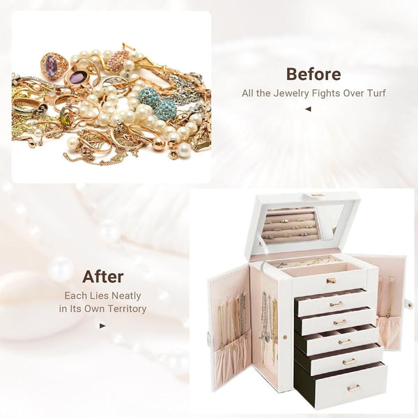 Carla Home 6 Layer Large Jewelry Box For Women Withdrawers Mirror Lock Necklace Hooks & Side Compartments Rings Earrings Bracelets Gifts (White) Jewel