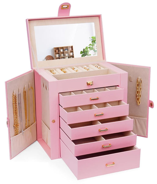 Carla Home 6 Layer Large Jewelry Box For Women Withdrawers Mirror Lock Necklace Hooks & Side Compartments Rings Earrings Bracelets Gifts (Pink) Jewell