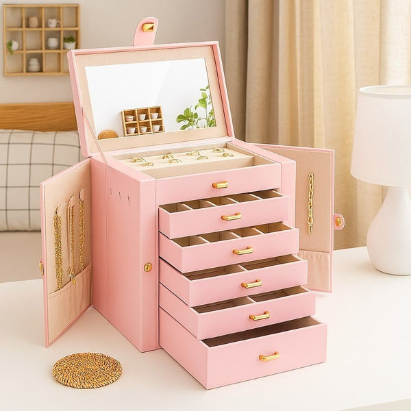 Carla Home 6 Layer Large Jewelry Box For Women Withdrawers Mirror Lock Necklace Hooks & Side Compartments Rings Earrings Bracelets Gifts (Pink) Jewell