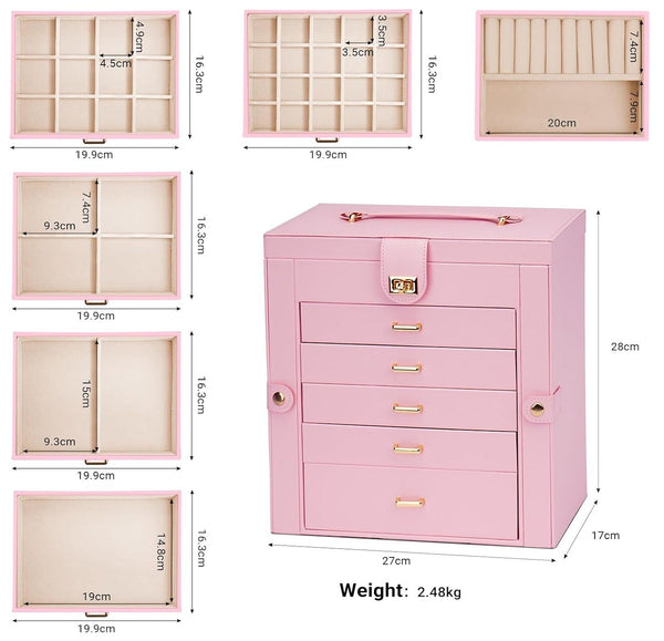Carla Home 6 Layer Large Jewelry Box For Women Withdrawers Mirror Lock Necklace Hooks & Side Compartments Rings Earrings Bracelets Gifts (Pink) Jewell