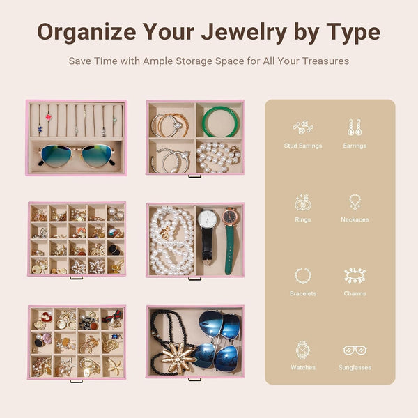 Carla Home 6 Layer Large Jewelry Box For Women Withdrawers Mirror Lock Necklace Hooks & Side Compartments Rings Earrings Bracelets Gifts (Pink) Jewell