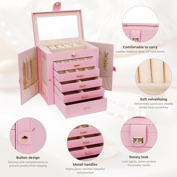 Carla Home 6 Layer Large Jewelry Box For Women Withdrawers Mirror Lock Necklace Hooks & Side Compartments Rings Earrings Bracelets Gifts (Pink) Jewell