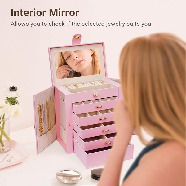 Carla Home 6 Layer Large Jewelry Box For Women Withdrawers Mirror Lock Necklace Hooks & Side Compartments Rings Earrings Bracelets Gifts (Pink) Jewell