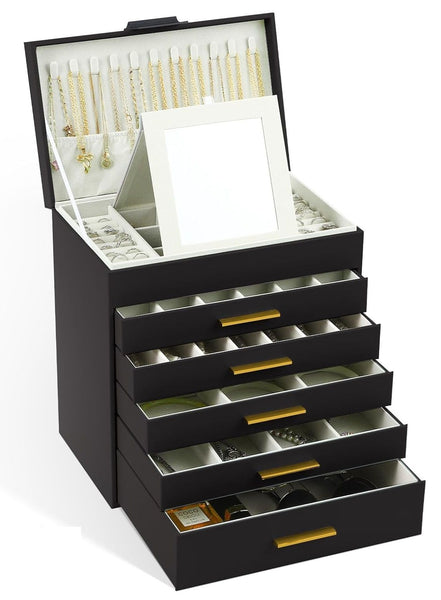 Carla Home 6 Layer Large Jewelry Organizer Box For Women With Mirror Drawers Hooks & Dividers Rings Necklaces Bracelets Ideal Gift (Black) Jewellery B