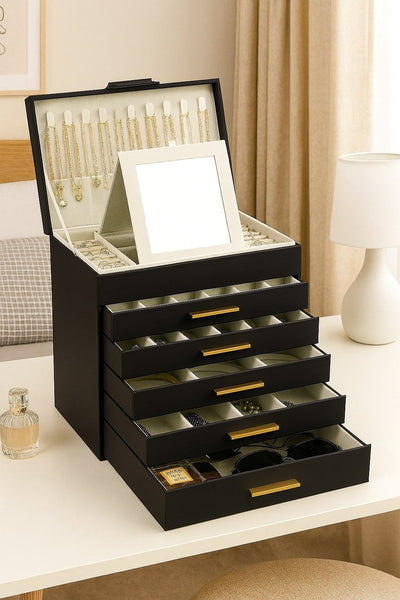 Carla Home 6 Layer Large Jewelry Organizer Box For Women With Mirror Drawers Hooks & Dividers Rings Necklaces Bracelets Ideal Gift (Black) Jewellery B