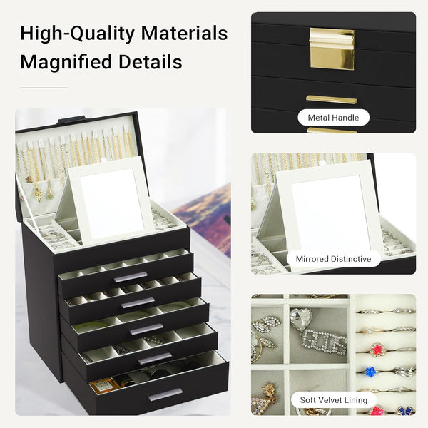 Carla Home 6 Layer Large Jewelry Organizer Box For Women With Mirror Drawers Hooks & Dividers Rings Necklaces Bracelets Ideal Gift (Black) Jewellery B