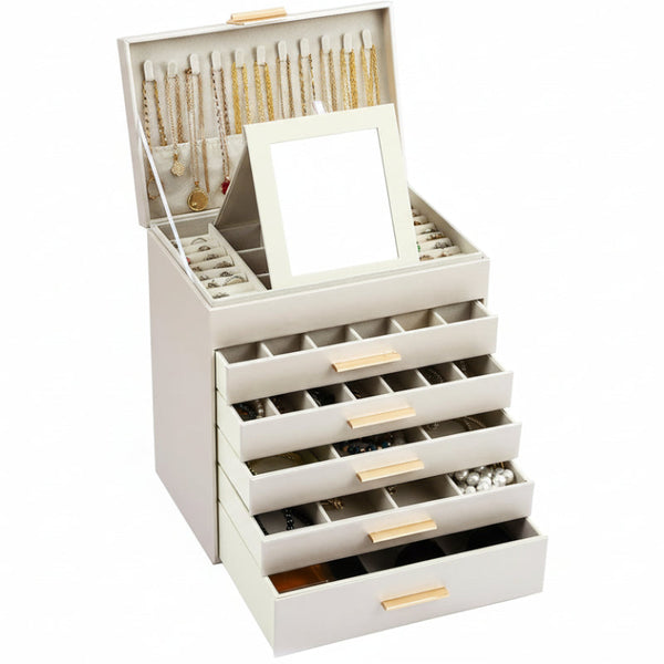 Carla Home 6 Layer Large Jewelry Organizer Box For Women With Mirror Drawers Hooks & Dividers Rings Necklaces Bracelets Ideal Gift (White) Jewellery H