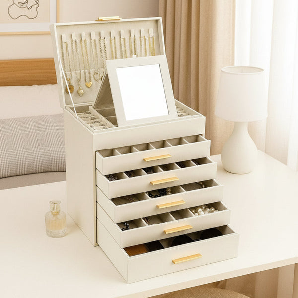 Carla Home 6 Layer Large Jewelry Organizer Box For Women With Mirror Drawers Hooks & Dividers Rings Necklaces Bracelets Ideal Gift (White) Jewellery H