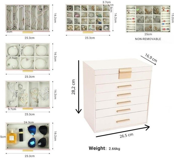 Carla Home 6 Layer Large Jewelry Organizer Box For Women With Mirror Drawers Hooks & Dividers Rings Necklaces Bracelets Ideal Gift (White) Jewellery H