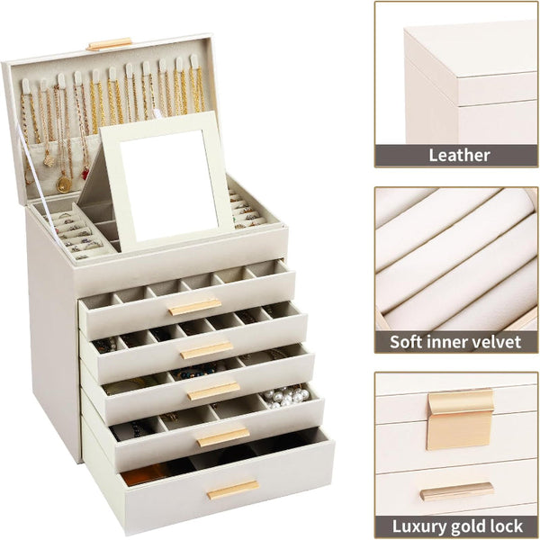 Carla Home 6 Layer Large Jewelry Organizer Box For Women With Mirror Drawers Hooks & Dividers Rings Necklaces Bracelets Ideal Gift (White) Jewellery H
