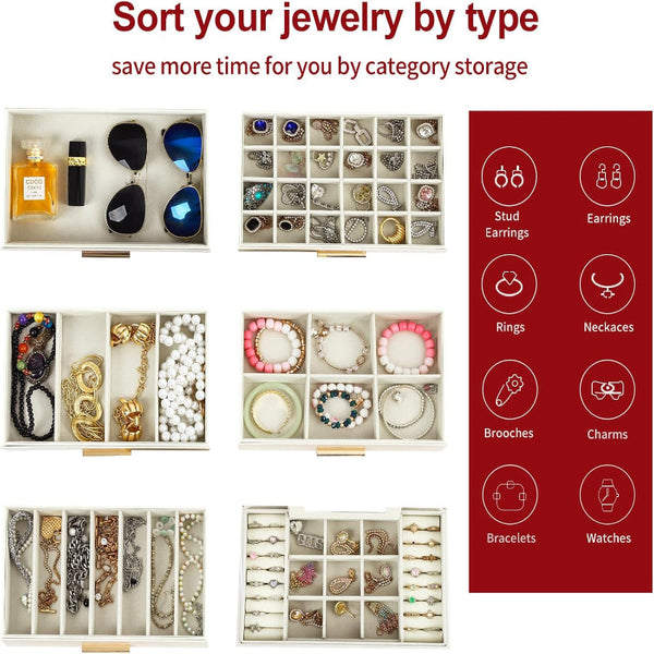 Carla Home 6 Layer Large Jewelry Organizer Box For Women With Mirror Drawers Hooks & Dividers Rings Necklaces Bracelets Ideal Gift (White) Jewellery H