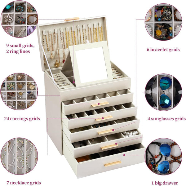 Carla Home 6 Layer Large Jewelry Organizer Box For Women With Mirror Drawers Hooks & Dividers Rings Necklaces Bracelets Ideal Gift (White) Jewellery H