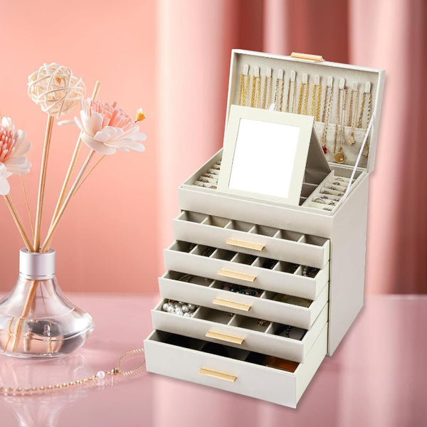 Carla Home 6 Layer Large Jewelry Organizer Box For Women With Mirror Drawers Hooks & Dividers Rings Necklaces Bracelets Ideal Gift (White) Jewellery H
