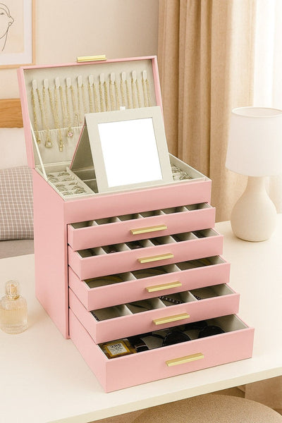 Carla Home 6 Layer Large Jewelry Organizer Box For Women With Mirror Drawers Hooks & Dividers Rings Necklaces Bracelets Ideal Gift (Pink) Jewellery Ho