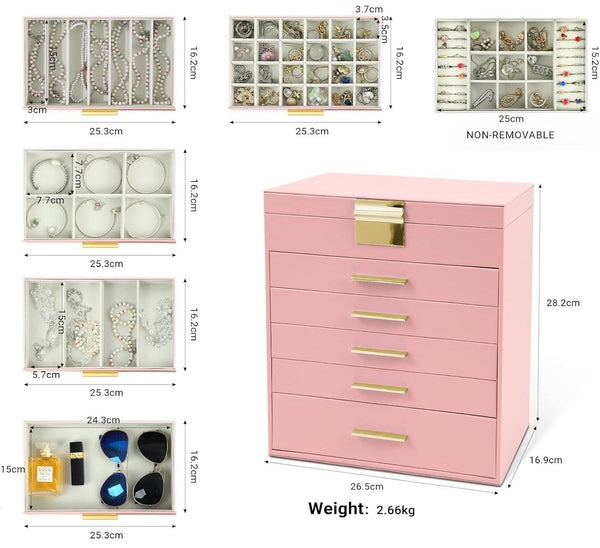 Carla Home 6 Layer Large Jewelry Organizer Box For Women With Mirror Drawers Hooks & Dividers Rings Necklaces Bracelets Ideal Gift (Pink) Jewellery Ho