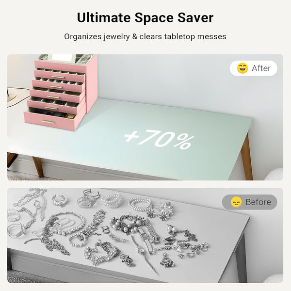 Carla Home 6 Layer Large Jewelry Organizer Box For Women With Mirror Drawers Hooks & Dividers Rings Necklaces Bracelets Ideal Gift (Pink) Jewellery Ho