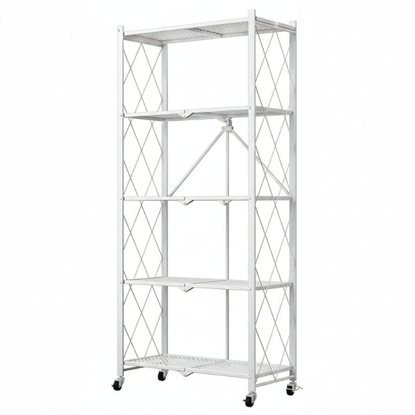 Carla Home 5 Tier Foldable Storage Shelf With Wheels For Kitchen Garage Pantry Or Basement (White) Tool Shelving & Racking Systems