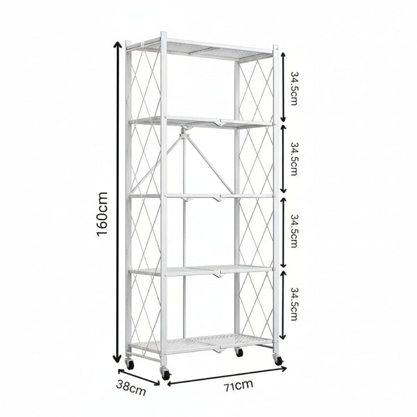 Carla Home 5 Tier Foldable Storage Shelf With Wheels For Kitchen Garage Pantry Or Basement (White) Tool Shelving & Racking Systems