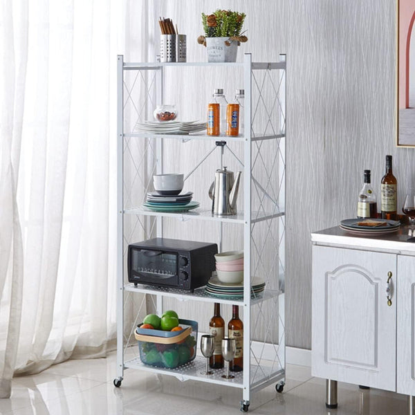 Carla Home 5 Tier Foldable Storage Shelf With Wheels For Kitchen Garage Pantry Or Basement (White) Tool Shelving & Racking Systems