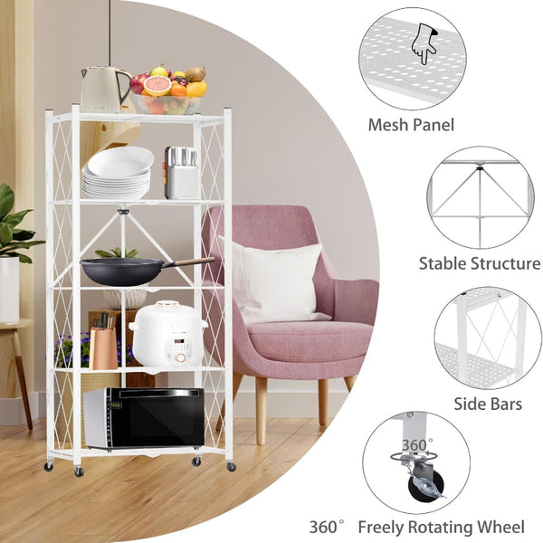 Carla Home 5 Tier Foldable Storage Shelf With Wheels For Kitchen Garage Pantry Or Basement (White) Tool Shelving & Racking Systems