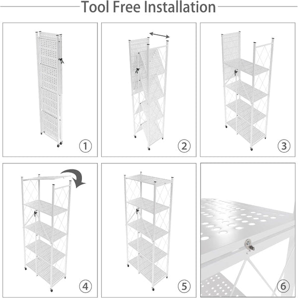 Carla Home 5 Tier Foldable Storage Shelf With Wheels For Kitchen Garage Pantry Or Basement (White) Tool Shelving & Racking Systems