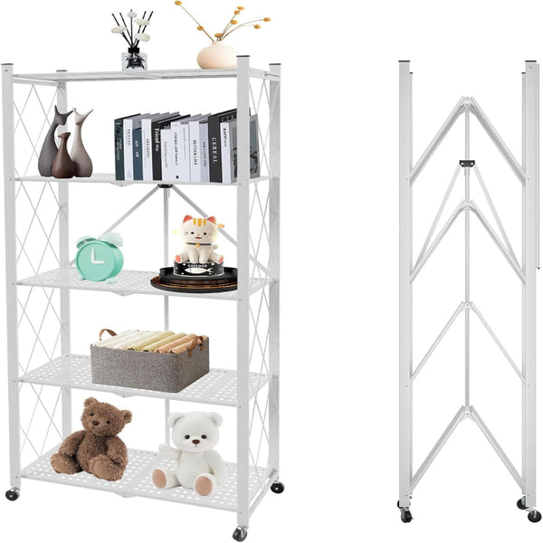 Carla Home 5 Tier Foldable Storage Shelf With Wheels For Kitchen Garage Pantry Or Basement (White) Tool Shelving & Racking Systems