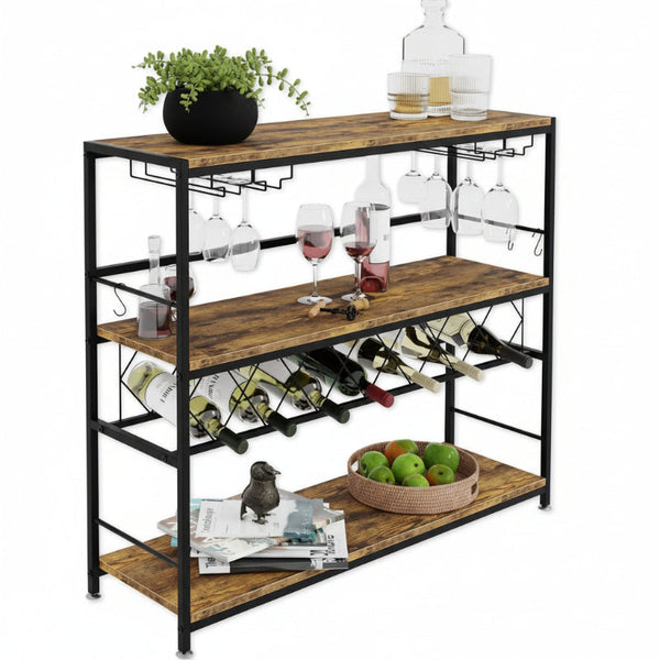 Carla Home Large Wine Rack With Glass Holder Metal Designed Bottle And Wood Countertop For & Champagne Racks