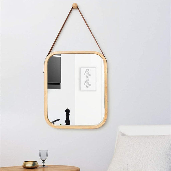 Carla Home Hanging Wall Mirror With Bamboo Frame Adjustable Leather Strap For Bathroom Bedroom Vanity Or Entryway (40X33 Cm) Mirrors