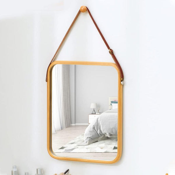 Carla Home Hanging Wall Mirror With Bamboo Frame Adjustable Leather Strap For Bathroom Bedroom Vanity Or Entryway (40X33 Cm) Mirrors