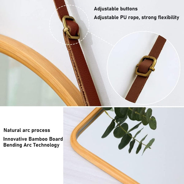 Carla Home Hanging Wall Mirror With Bamboo Frame Adjustable Leather Strap For Bathroom Bedroom Vanity Or Entryway (40X33 Cm) Mirrors