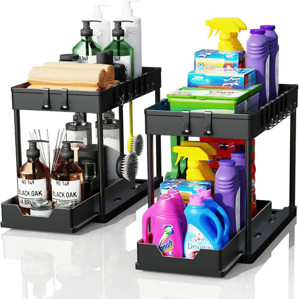 Carla Home 2 Pack Under Sink Organizer With Pull Out Basket And Hooks For Bathroom & Kitchen Sink Organisers
