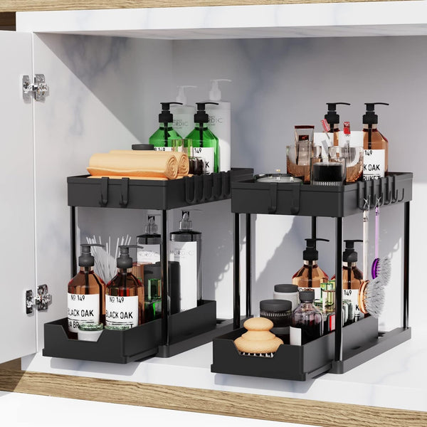 Carla Home 2 Pack Under Sink Organizer With Pull Out Basket And Hooks For Bathroom & Kitchen Sink Organisers