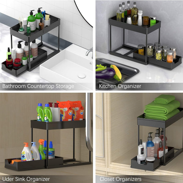 Carla Home 2 Pack Under Sink Organizer With Pull Out Basket And Hooks For Bathroom & Kitchen Sink Organisers